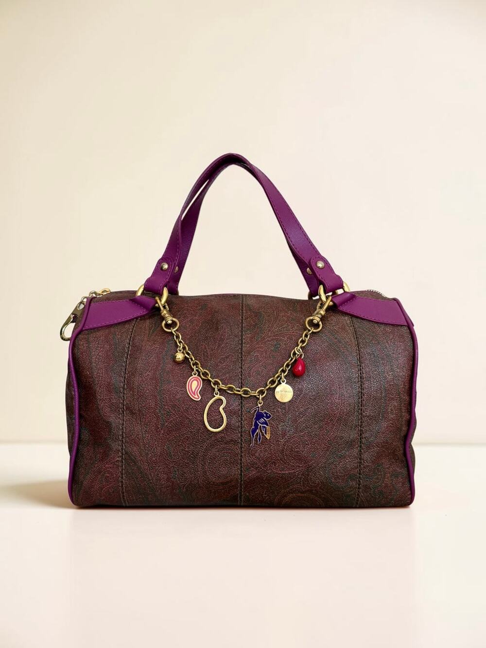 Vintage Purple Etro Paisley Boston Bag with Pegasus Charms